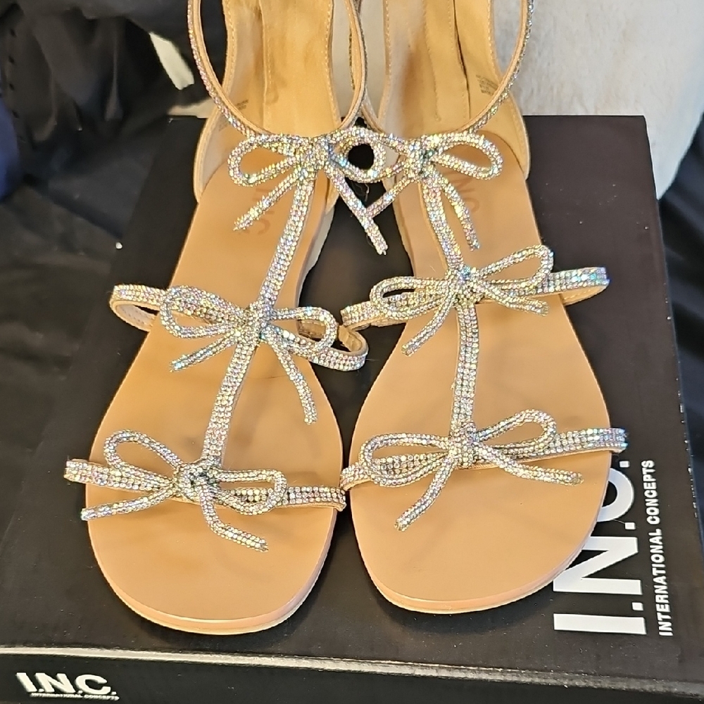 INC International Concepts Tan and Silver Sandals with Crystal Bows